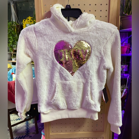 Girls size small fuzzy DKNY hoodie with gold and pink sequin heart - Picture 1 of 4
